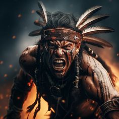 an image of a native american warrior with fire in the background