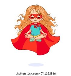 Cute little girl with very long developing hair meditates in flight, sitting with her legs crossed. Vector child disguised as a super hero with a red cloak and a mask on his face. Red Cloak, Anime Child, Yoga For Kids, Super Hero, A Mask, Vector Images