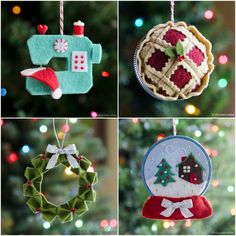 four different christmas ornaments hanging from strings