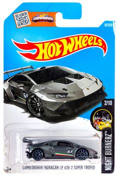 a hot wheels car is shown in the packaging for this toy vehicle, it's black and silver