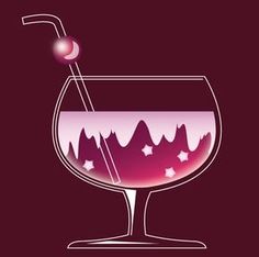 a purple drink with a cherry on the top and mountains in the background, against a dark red background