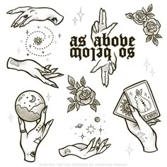 an image of tattoos with the words as above them and images of hands holding flowers