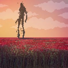 a pixelated image of a person standing in the middle of a field with red flowers