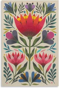 an art print with flowers and leaves on the side, in red, pink, blue,