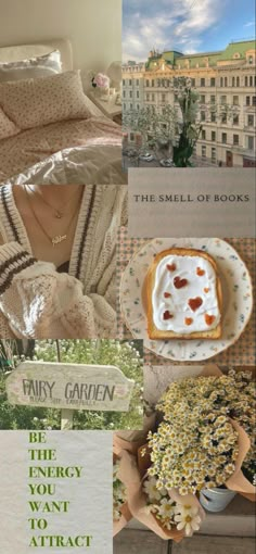 a collage of photos with food, flowers and books on it that include the smell of books