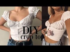 a woman wearing a white top with ruffles on it and the words diy crop