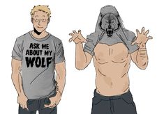 two men wearing t - shirts with the words ask me about my wolf on them