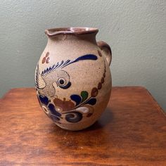 Vintage Mexican Folk Art Pottery Tonala Bird & Blue Flowers Pitcher Signed - 6". Art Ceramics, Blue Flowers, Vintage Mexican, Folk Art, Mexican Folk Art, Etsy Accessories, Art Pottery, Fine Art Ceramics, Pottery Art