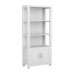 a white bookcase with two doors and drawers