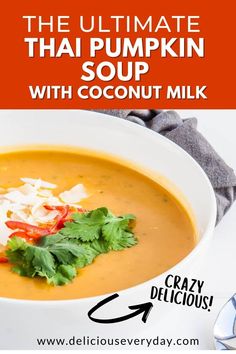 the ultimate thai pumpkin soup with coconut milk is ready to be eaten and served in a bowl