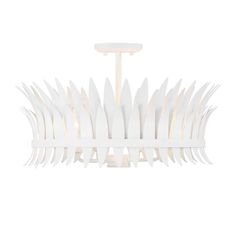 a white chandelier with feathers hanging from it's ceiling fixture, against a white background