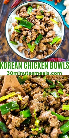 korean chicken bowls with chopsticks and rice in the middle, on a wooden table