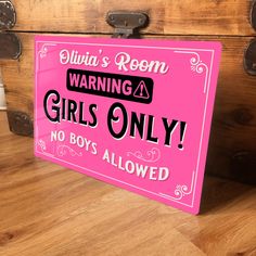 Personalised Girls Only Bedroom Pink Metal Sign Bed Room Door Daughter Name Sign Plaque, No Boys Allowed No Entry Warning 200mm x 305mm These Bright pink Girls Only metal signs are a great Gift or door accessory for any girls bedroom. Designed in Classic Style, the sign is made from aluminium metal and is printed using dye sublimation inks which makes it completely waterproof.  PERSONALISE YOUR SIGN- Simply use the personalisation box provided to add the text required: Enter a name or Family Nam Room Signs Bedroom Door Teen, Pink Door For Bedroom, Kids Room Door Signs Enter Who Dares, Over The Door Name Sign, Bedroom Door Signs For Teen Boys, Kids Bedroom Door Signs Quotes, Door Signs Bedroom Teen, Personalised Door Signs, Bedroom Sign On Door