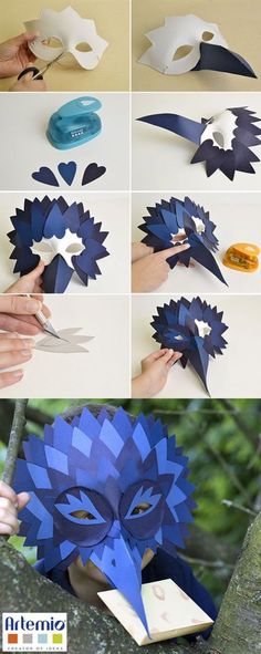 the steps to make an origami mask out of paper are shown with scissors