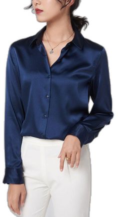 Satin Top With Button Closure, Solid Satin Top With Button Closure, V-neck Satin Blouse For Office, Silk Button-up Blouse, Elegant Stretch Button-up Blouse, Fitted Satin Shirt For Fall, Classic Satin Tops For Fall, Elegant Stretch Button-up Top, Solid Satin Tops For Work