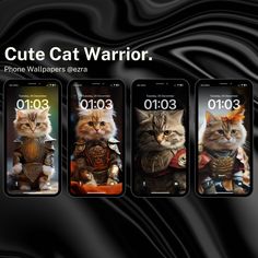 three iphones with cats on them and the caption'cute cat warrior '