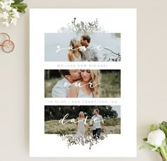 two photos with the words love are displayed on top of a card