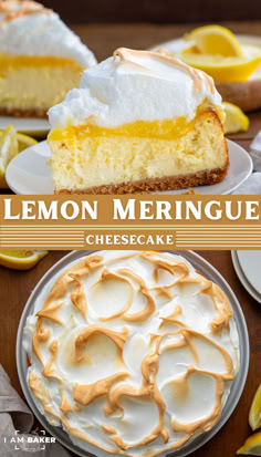 one image shows a slice of cheesecake on a plate and the second shows a whole cheesecake from above. Easter Cheesecakes, Flavored Cheesecake, Fluffy Meringue, Lemon Curd Cheesecake, Spring Dessert Ideas, Dessert For Easter, Meringue Cheesecake, Lemon Meringue Cake, Lemon Meringue Pie Recipe