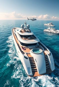 a large white boat floating on top of the ocean next to smaller boats in the water