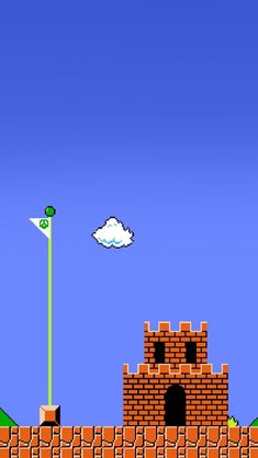 an old - school video game is shown in the middle of a blue sky with clouds