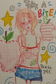 a drawing of a girl holding an apple with stars around her and the words take a bite written on it