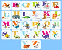 an alphabet with animals and letters on it