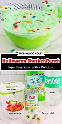 the ingredients for halloween street punch are shown in this collage, including yogurt and jelly beans