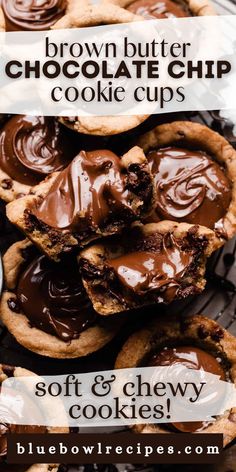 chocolate chip cookie cups are stacked on top of each other with text overlay that reads, brown butter chocolate chip cookie cups soft & chewy cookies