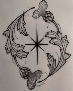 a drawing of a compass with fish and leaves on it's side, as well as an arrow in the center