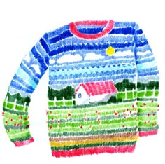 a drawing of a colorful sweater with a house on the front and green field in the back