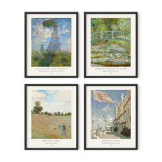 four framed art prints depicting different scenes in the style of impressionism, including water lilies and a woman with an umbrella