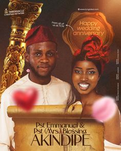 a man and woman standing next to each other in front of a sign that says happy wedding anniversary