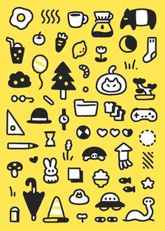 a yellow background with black and white icons