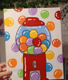 a painting of a gumball machine with lots of bubbles on it's side