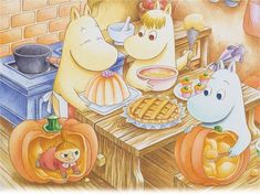 an image of two bears cooking in the kitchen with pumpkins and other food items