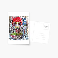 a postcard with a drawing of a skull on it