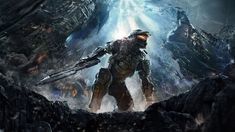 an image of a sci - fi character in the middle of a mountain scene with lights coming from behind him