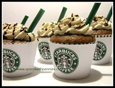 three starbucks cupcakes with whipped cream and chocolate sprinkles on top