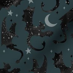 a black and white background with stars, moon and cats on it's side