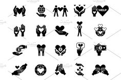 black and white icons depicting hands, heart, globe, hand gesture, tree, earth