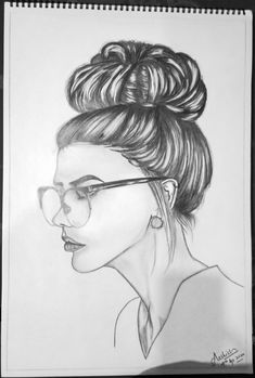 a pencil drawing of a woman with glasses on her head and hair in a bun