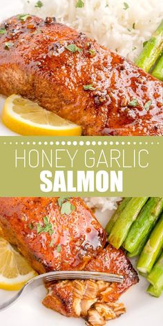 Collage of honey garlic salmon fillet at top and bottom. Soy Sauce Honey Garlic Marinade Salmon, Salmon For One Person, Salmon With Soy Sauce And Honey, Salmon Recipes With Soy Sauce, Salmon Recipes With Honey, Salmon Honey Garlic Soy Sauce, Honey Garlic Salmon Air Fryer, Garlic Salmon Recipes, Summer Salmon Recipes