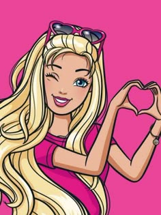 a cartoon girl with long blonde hair and sunglasses holding up a heart shaped hand sign