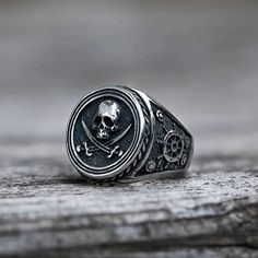 Retro Pirate Stainless Steel Skull Ring – GTHIC Gift Engraved Stainless Steel Skull Ring, Vintage Skull Print Rings As Gift, Stainless Steel Skull Ring As Gift, Skull Rings For Men, Sterling Silver Skull Rings, Gothic Bracelet, Gothic Pendant, Skull Rings, Christian Bracelets