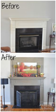 before and after pictures of a fireplace with white paint on the mantel above it