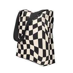 Trendy Tote Bag with Retro Wavy Checkered Black and Cream Pattern by Goth Cloth Co. Black Square Cotton Bag, Retro Square Black Bag, Retro Black Square Bag, Black Retro Square Bag, Retro Black Canvas Bag For Daily Use, Black Square Cotton Canvas Bag, Black Square Canvas Bag, Black Retro Canvas Bag For Travel, Retro Black Canvas Bag For Travel