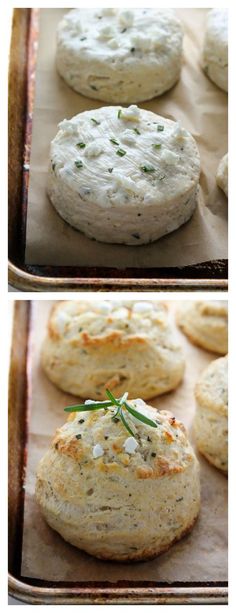 two pictures of biscuits with herbs on top and in the middle one has been baked