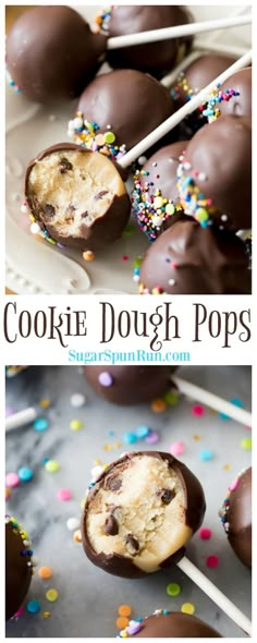 chocolate covered cookie dough pops with sprinkles on top and in the middle