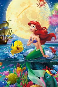 the little mermaid and flound fish in front of a full moon, with fireworks