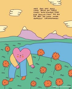 a cartoon character holding a heart in the middle of a field with flowers on it